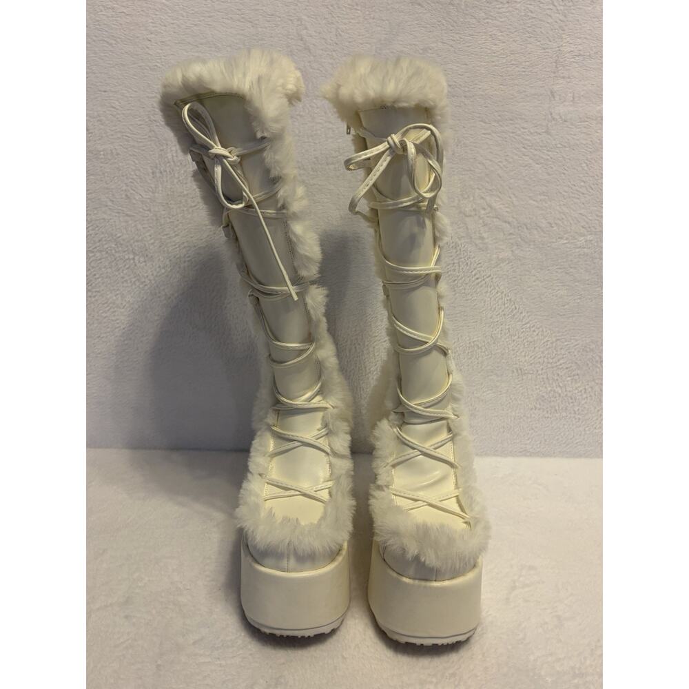 Demonia White Knee High Camel 311 Vegan Leather Faux Fur Boots Women’s Size 10 - Picture 4 of 15